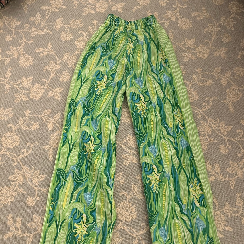 Lilly Pulitzer Green & Blue Patterned Wide-Leg Pants